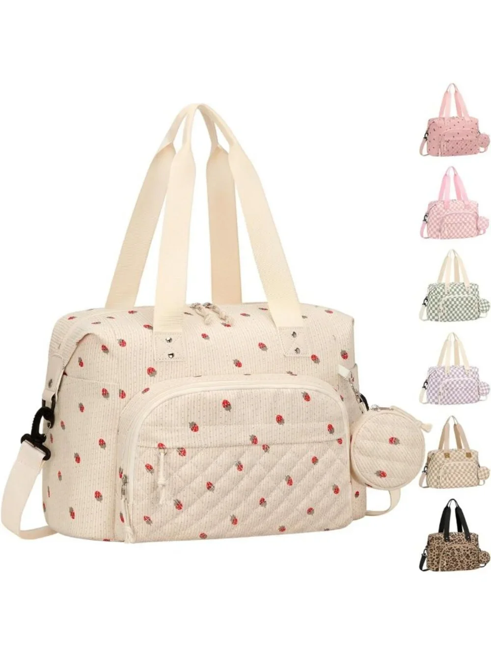 Stylish Beige Strawberry Diaper Bag Tote | Large Capacity, Corduroy